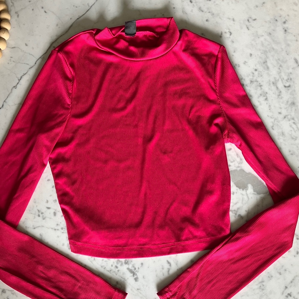 SHEIN Bright Hot Pink Ribbed Long Sleeve Mock Neck Top